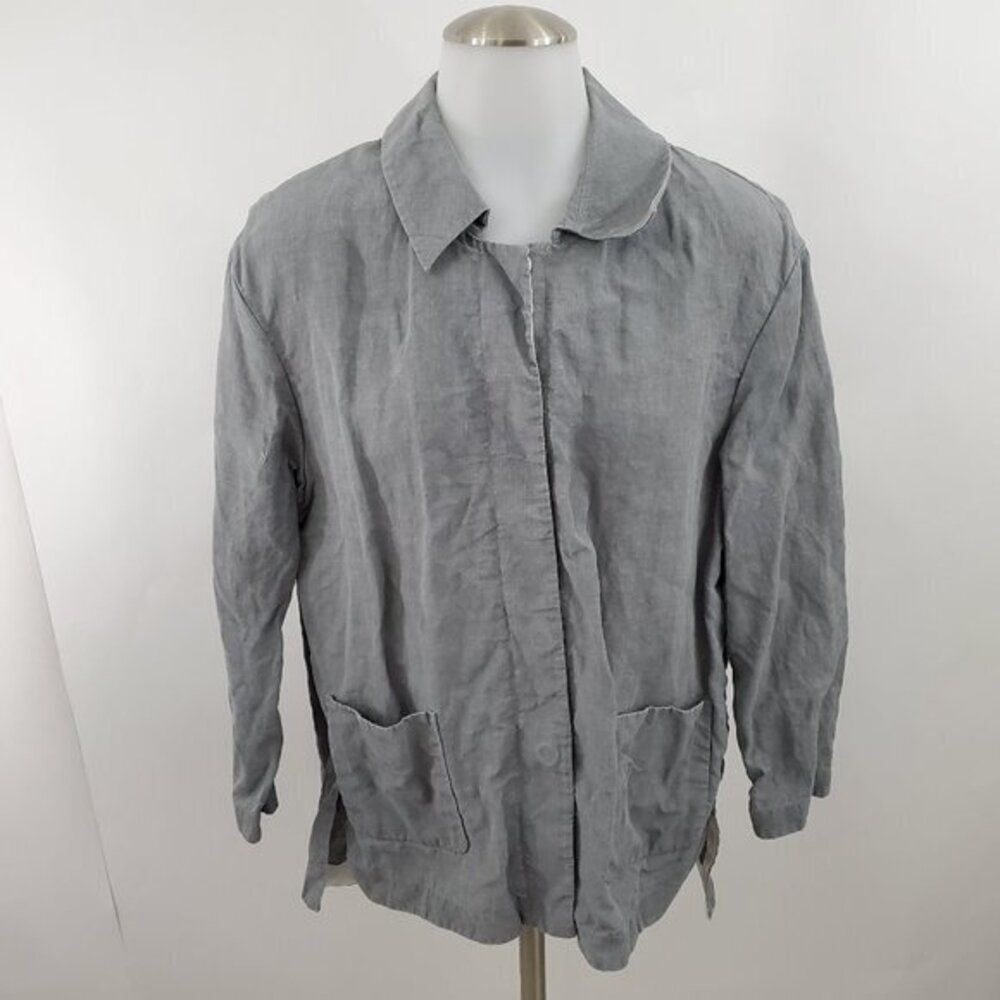 Lafayette 148 Jacket M Gray Snap Front Linen Long